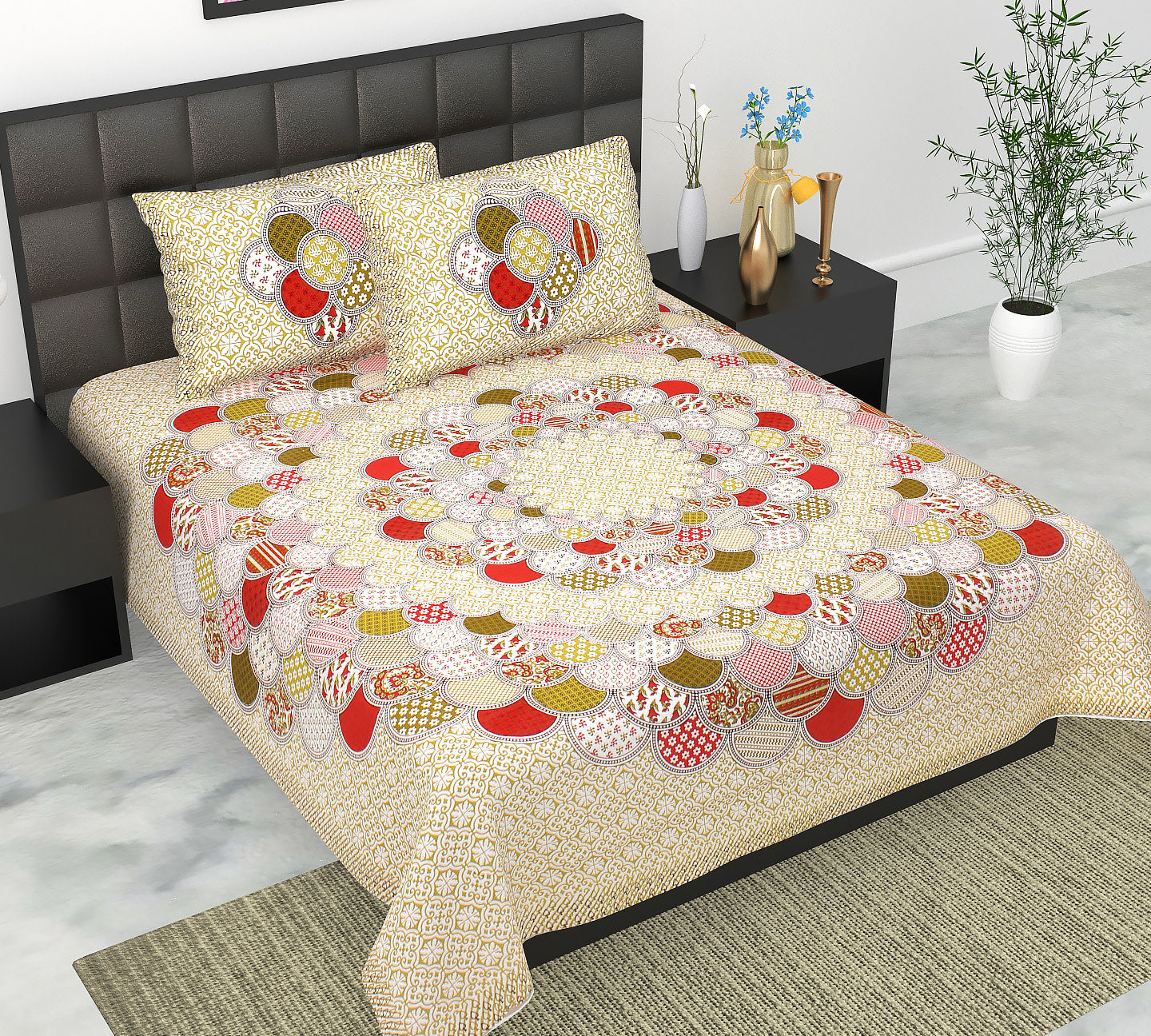 Cotton Double Jaipuri Prints Flat Bedsheet  With 2 Pillow Cover