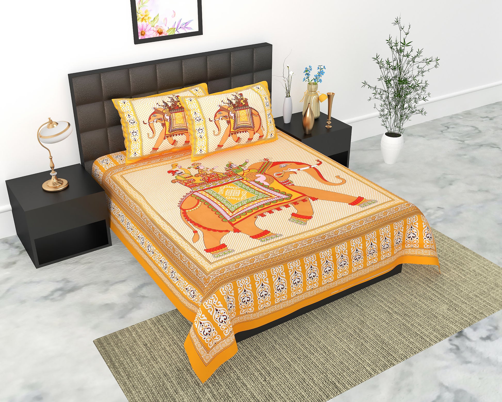 Cotton Double Jaipuri Prints Flat Bedsheet  With 2 Pillow Cover