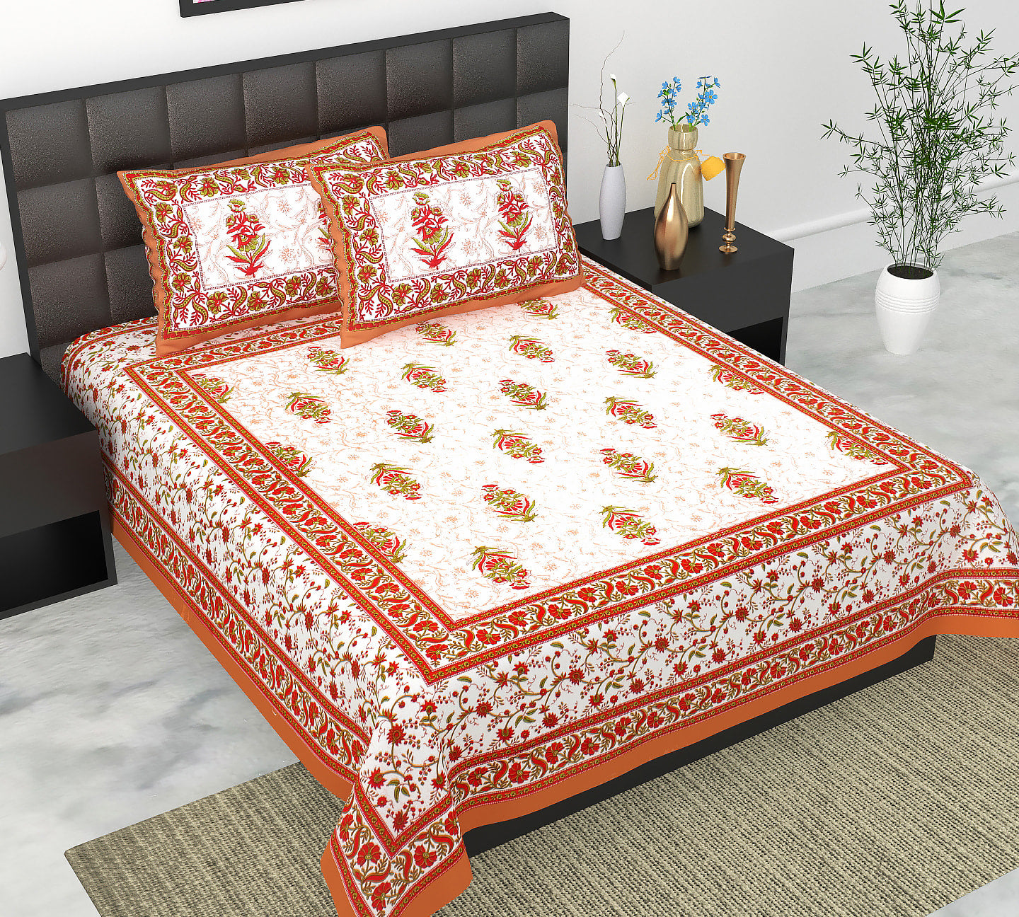 Cotton Double Jaipuri Prints Flat Bedsheet  With 2 Pillow Cover