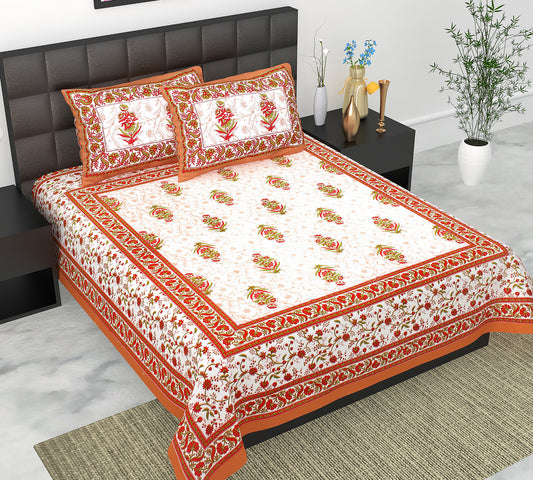 Cotton Double Jaipuri Prints Flat Bedsheet  With 2 Pillow Cover