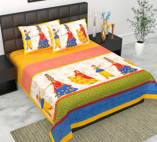 Cotton Double Jaipuri Prints Flat Bedsheet  With 2 Pillow Cover