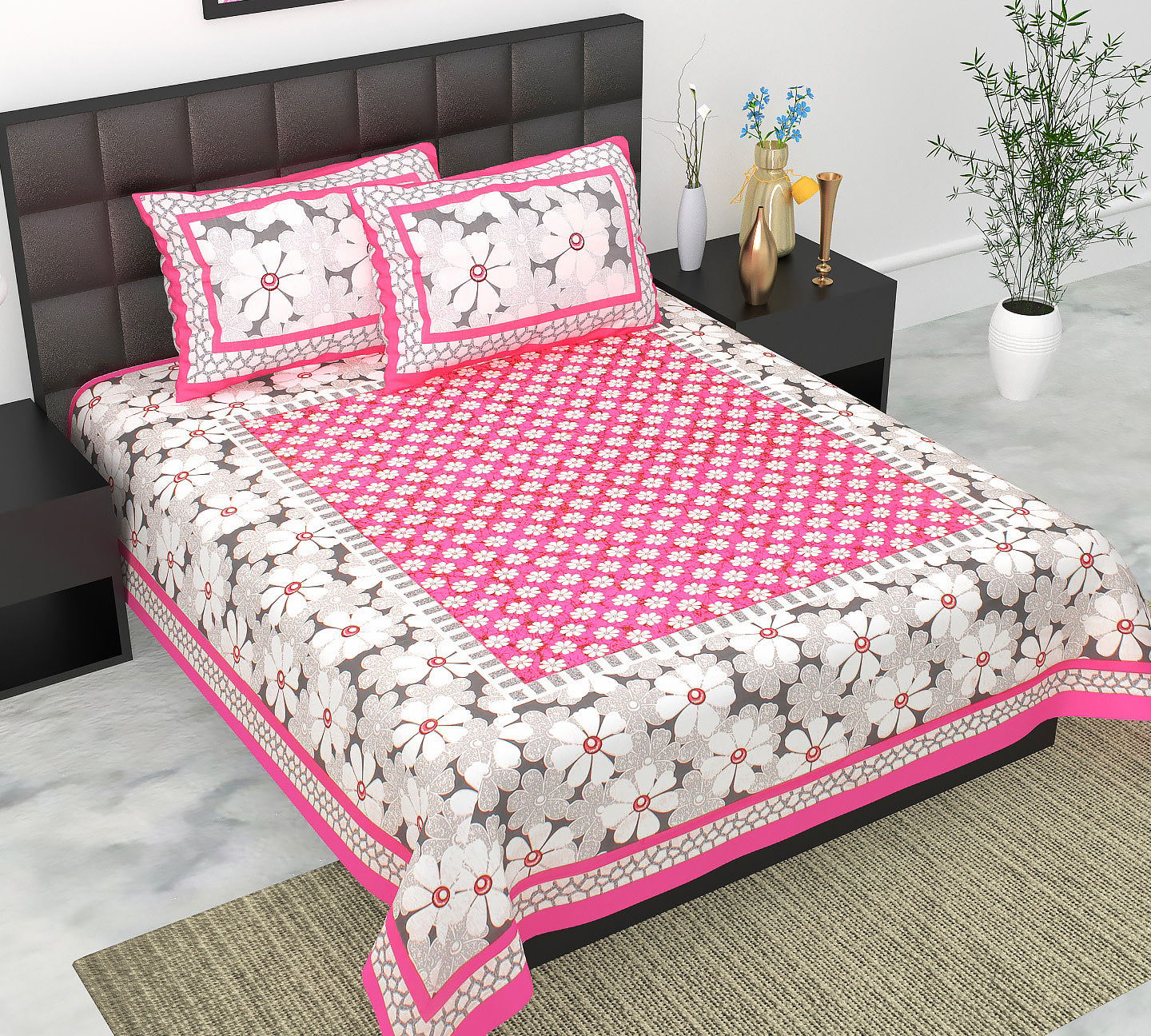 Cotton Double Jaipuri Prints Flat Bedsheet  With 2 Pillow Cover