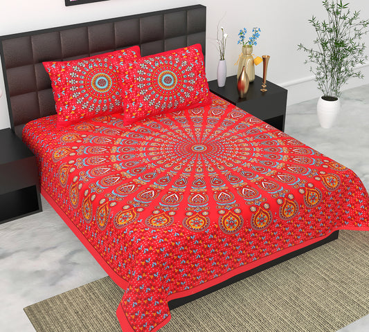 Cotton Double Jaipuri Prints Flat Bedsheet  With 2 Pillow Cover