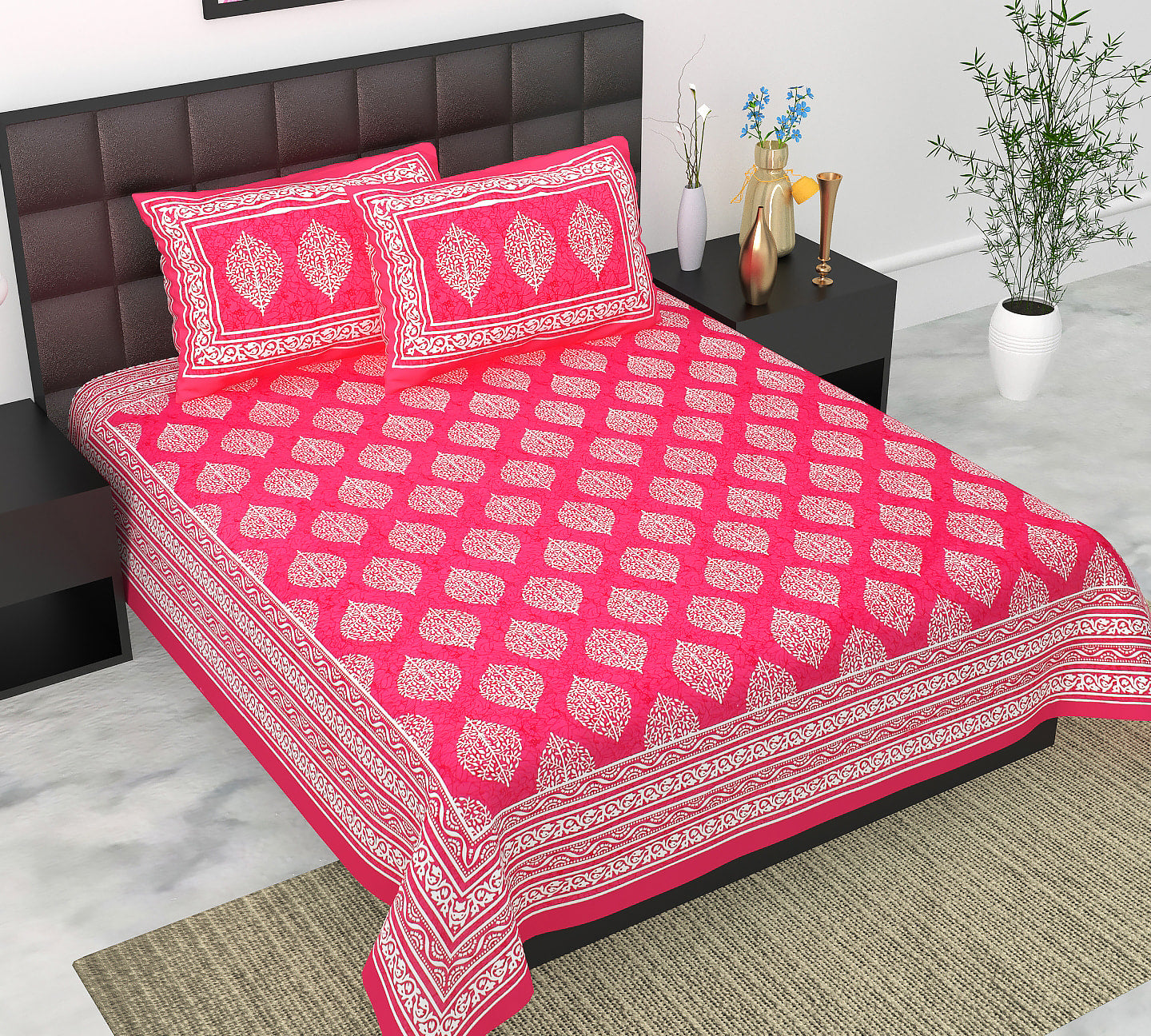 Cotton Double Jaipuri Prints Flat Bedsheet  With 2 Pillow Cover