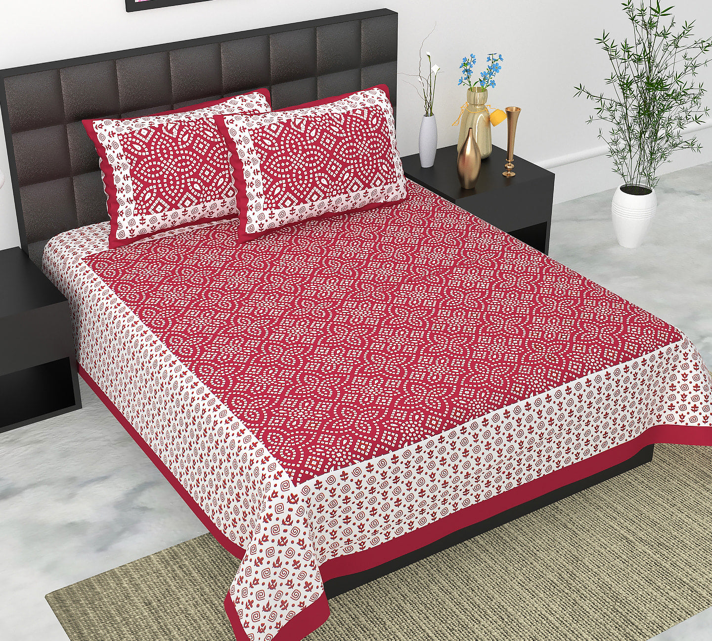 Cotton Double Jaipuri Prints Flat Bedsheet  With 2 Pillow Cover