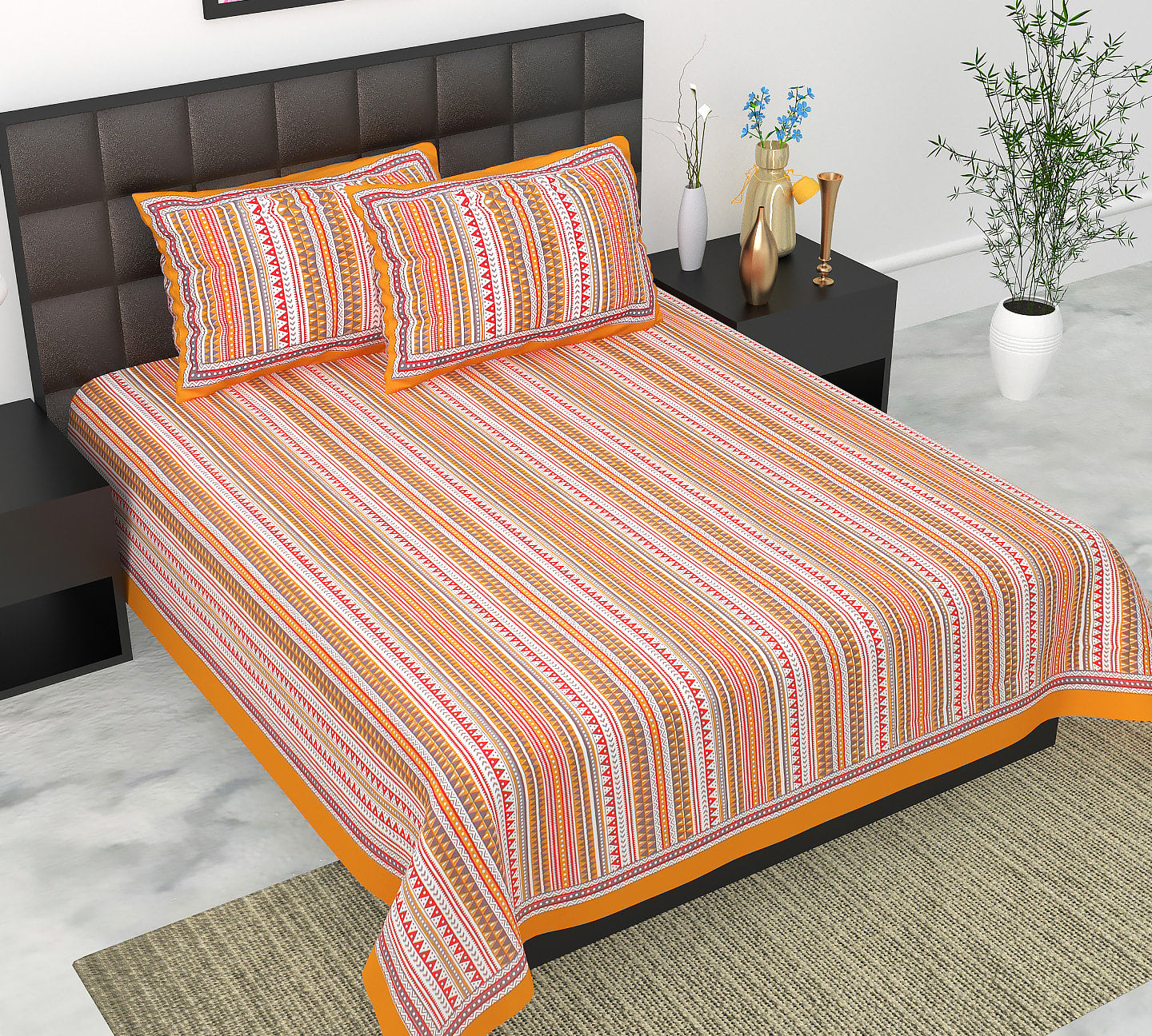 Cotton Double Jaipuri Prints Flat Bedsheet  With 2 Pillow Cover