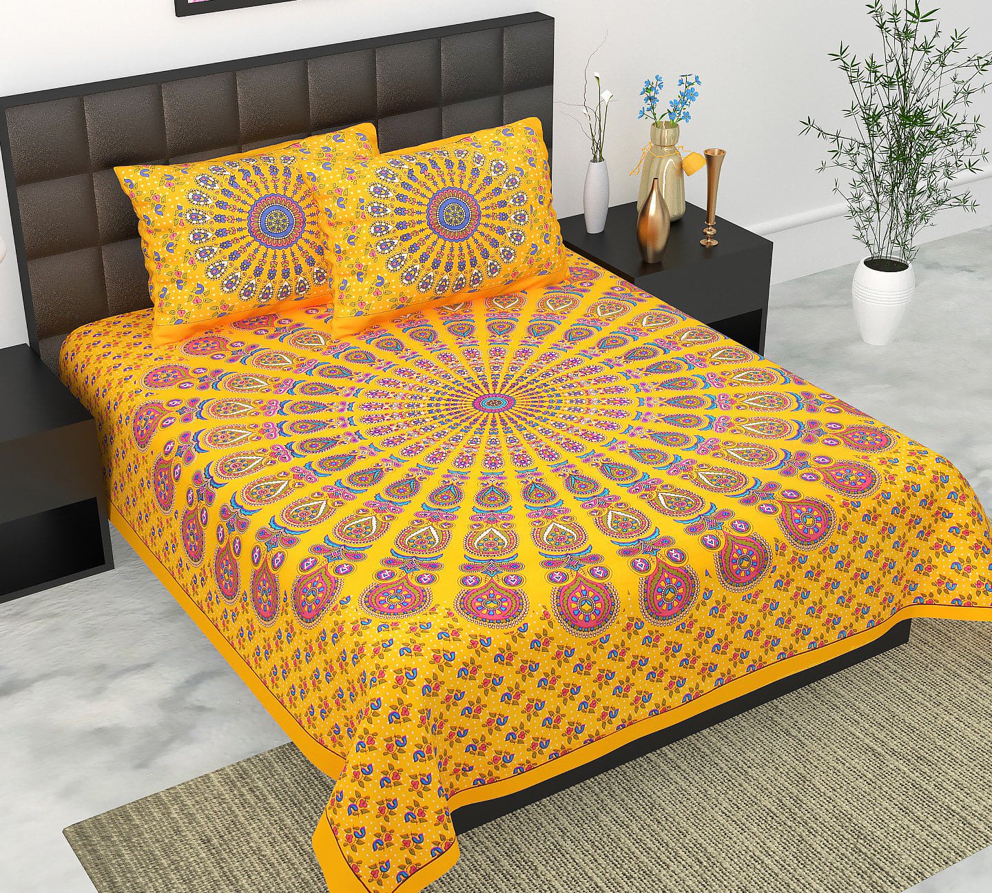 Cotton Double Jaipuri Prints Flat Bedsheet  With 2 Pillow Cover