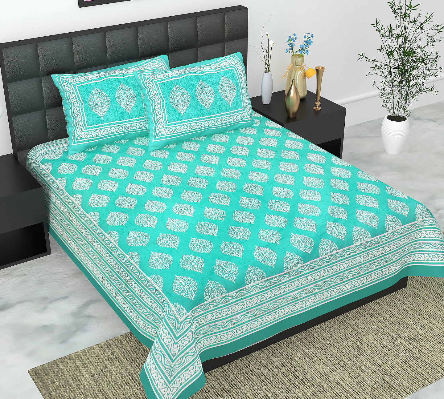 Cotton Double Jaipuri Prints Flat Bedsheet  With 2 Pillow Cover
