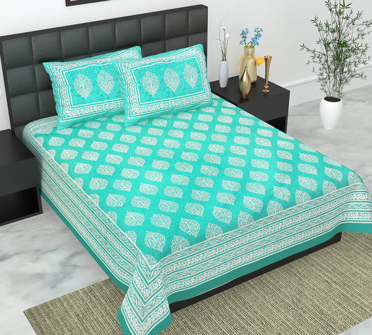 Cotton Double Jaipuri Prints Flat Bedsheet  With 2 Pillow Cover