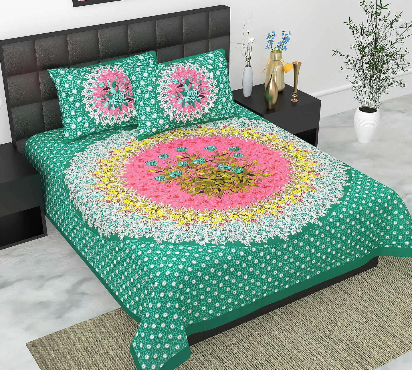 Cotton Double Jaipuri Prints Flat Bedsheet  With 2 Pillow Cover