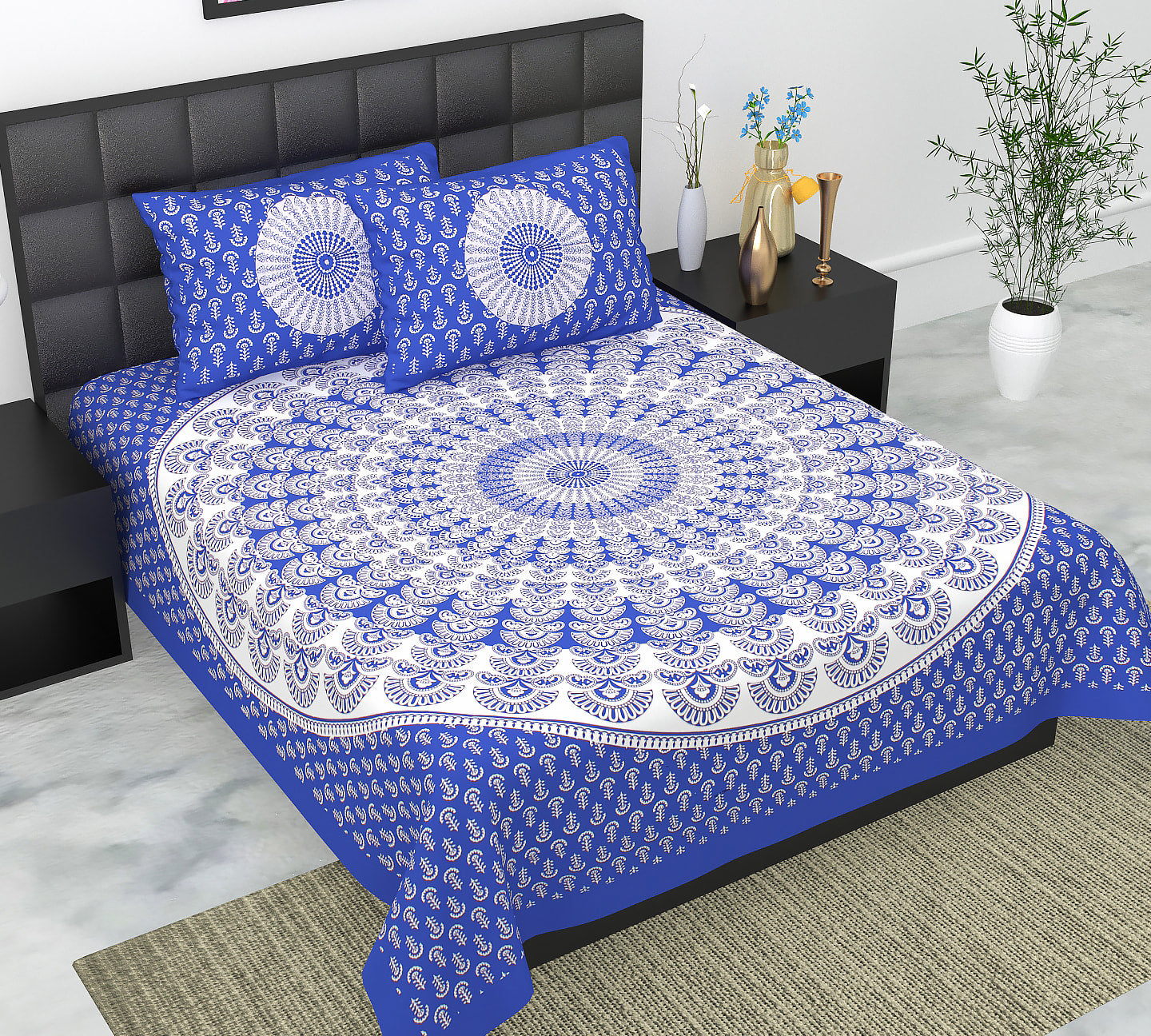 Cotton Double Jaipuri Prints Flat Bedsheet  With 2 Pillow Cover