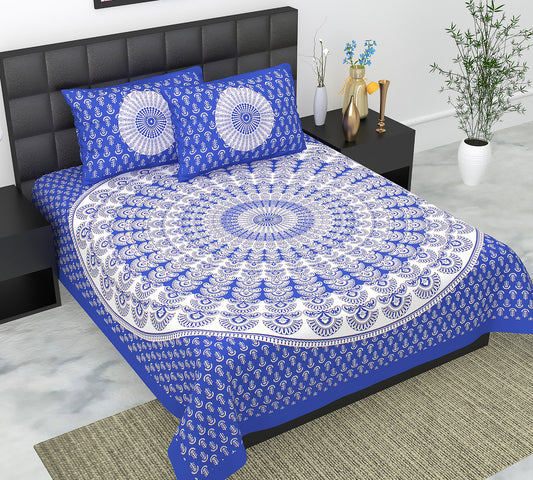 Cotton Double Jaipuri Prints Flat Bedsheet  With 2 Pillow Cover