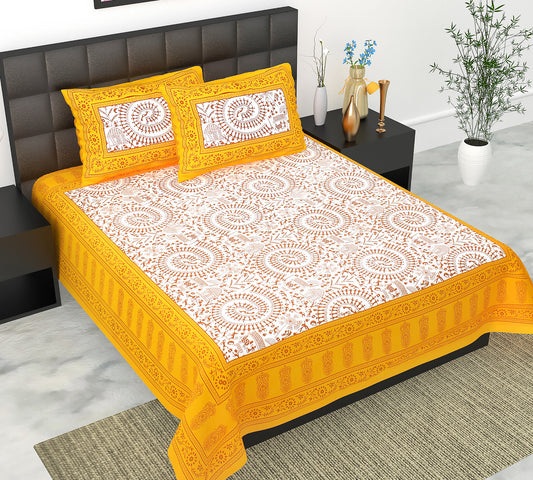 Cotton Double Jaipuri Prints Flat Bedsheet  With 2 Pillow Cover