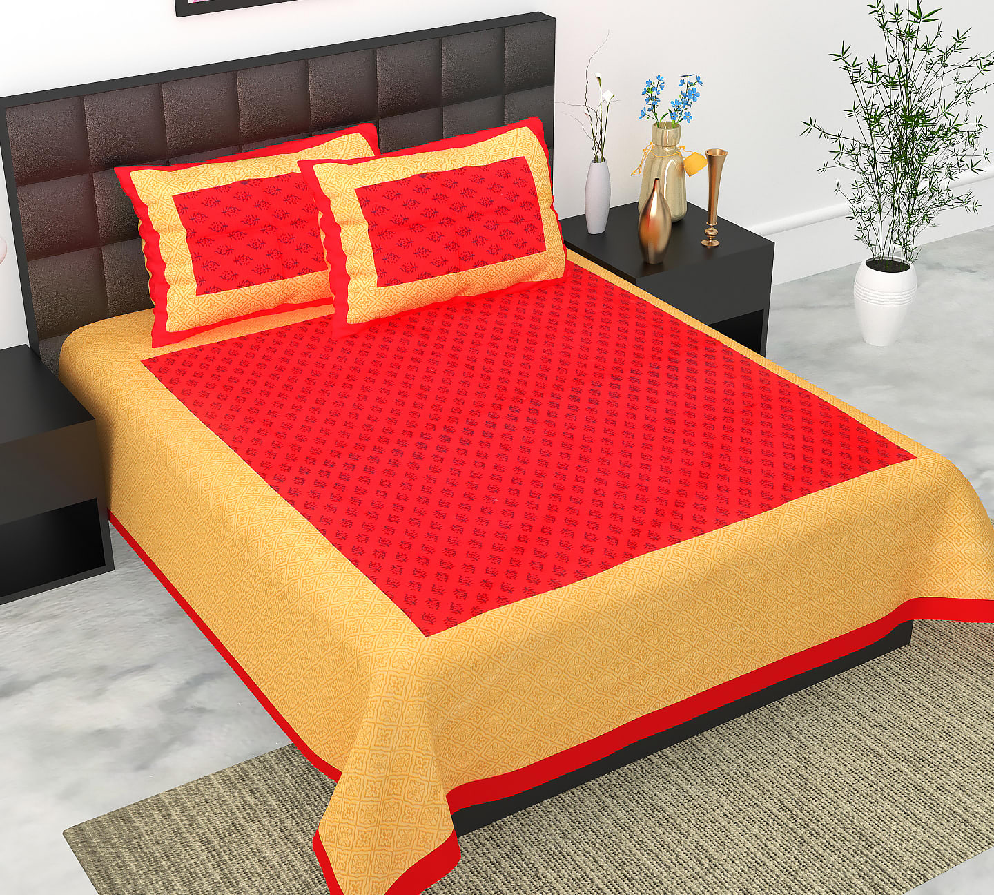 Cotton Double Jaipuri Prints Flat Bedsheet  With 2 Pillow Cover