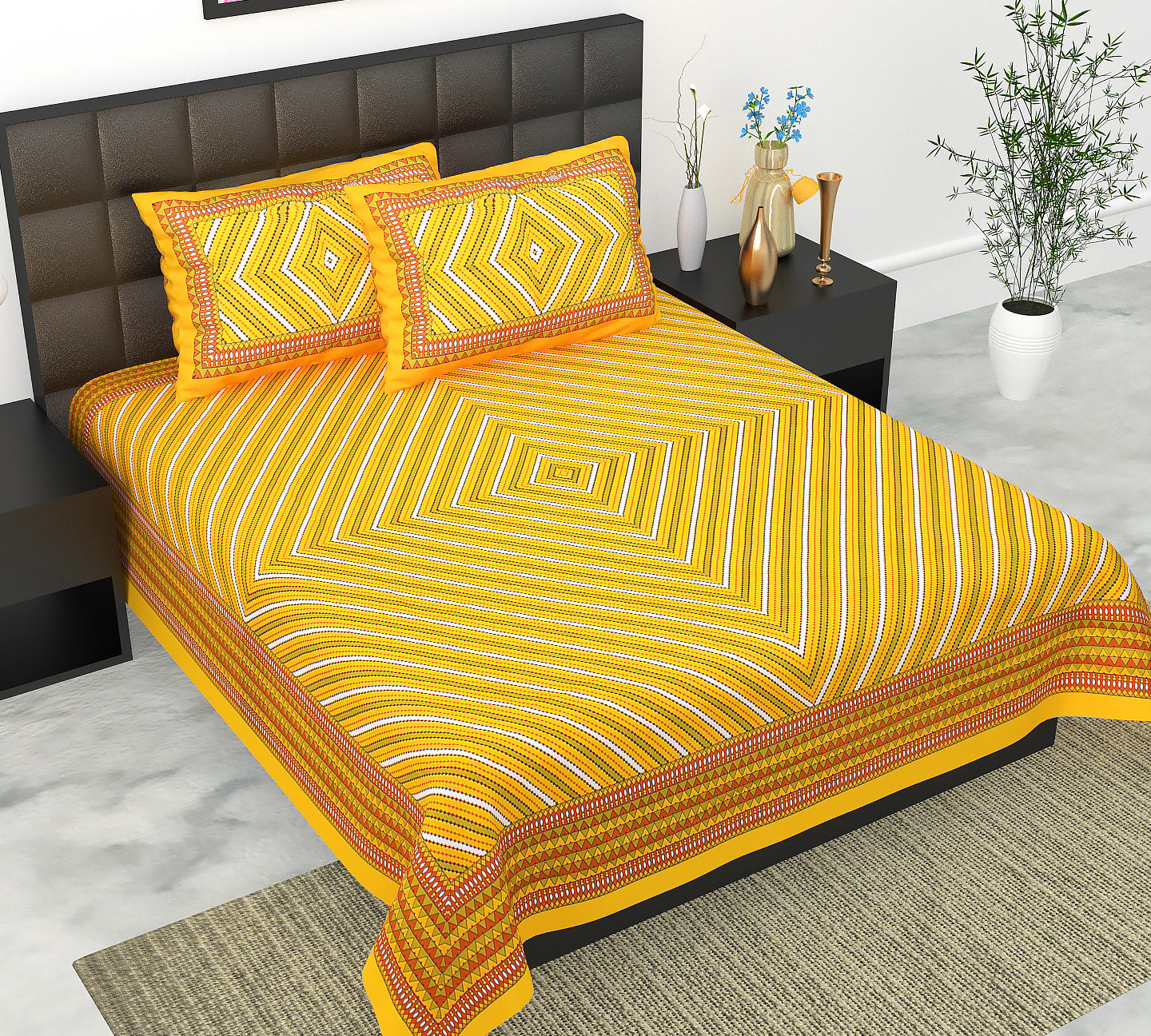 Cotton Double Jaipuri Prints Flat Bedsheet  With 2 Pillow Cover