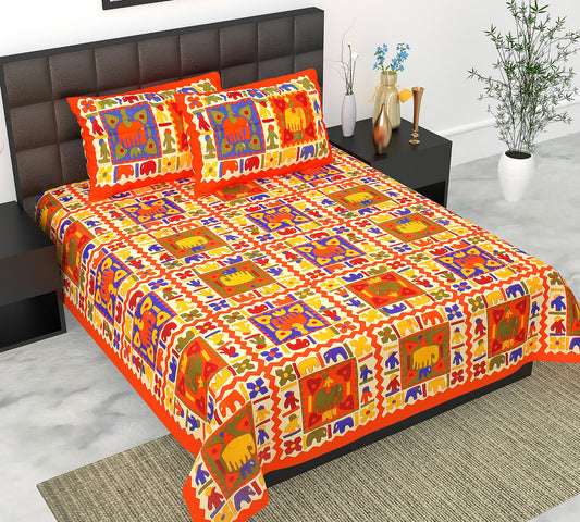 Cotton Double Jaipuri Prints Flat Bedsheet  With 2 Pillow Cover
