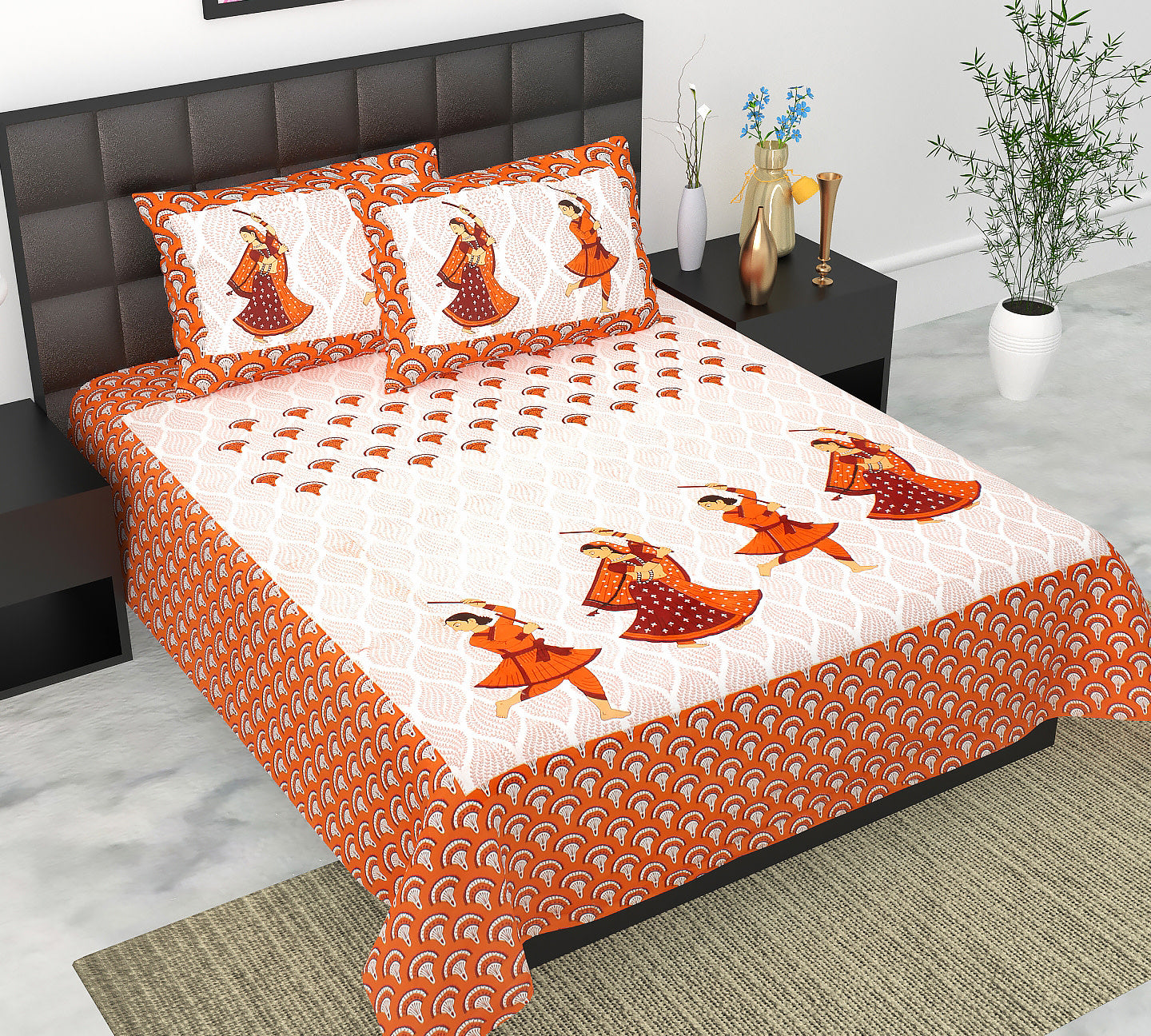 Cotton Double Jaipuri Prints Flat Bedsheet  With 2 Pillow Cover