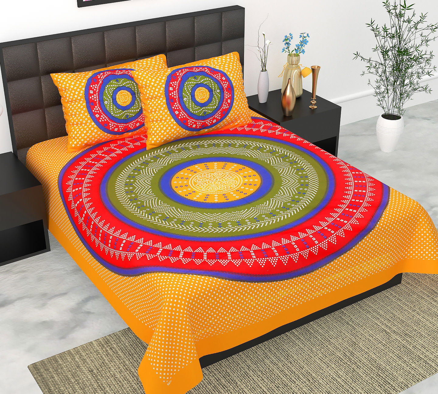 Cotton Double Jaipuri Prints Flat Bedsheet  With 2 Pillow Cover
