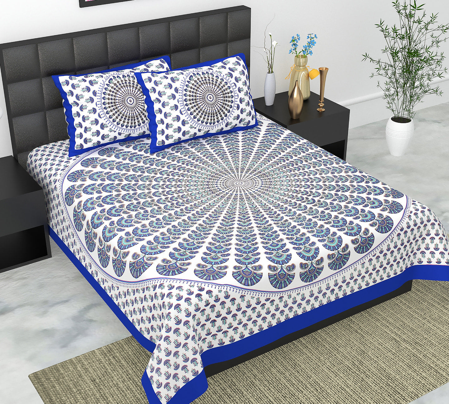 Cotton Double Jaipuri Prints Flat Bedsheet  With 2 Pillow Cover
