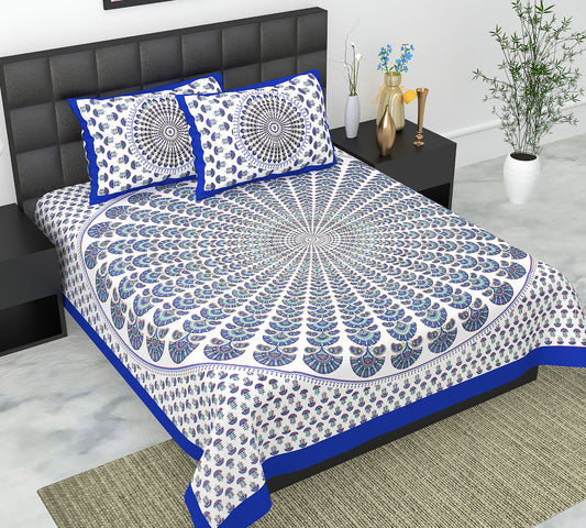 Cotton Double Jaipuri Prints Flat Bedsheet  With 2 Pillow Cover