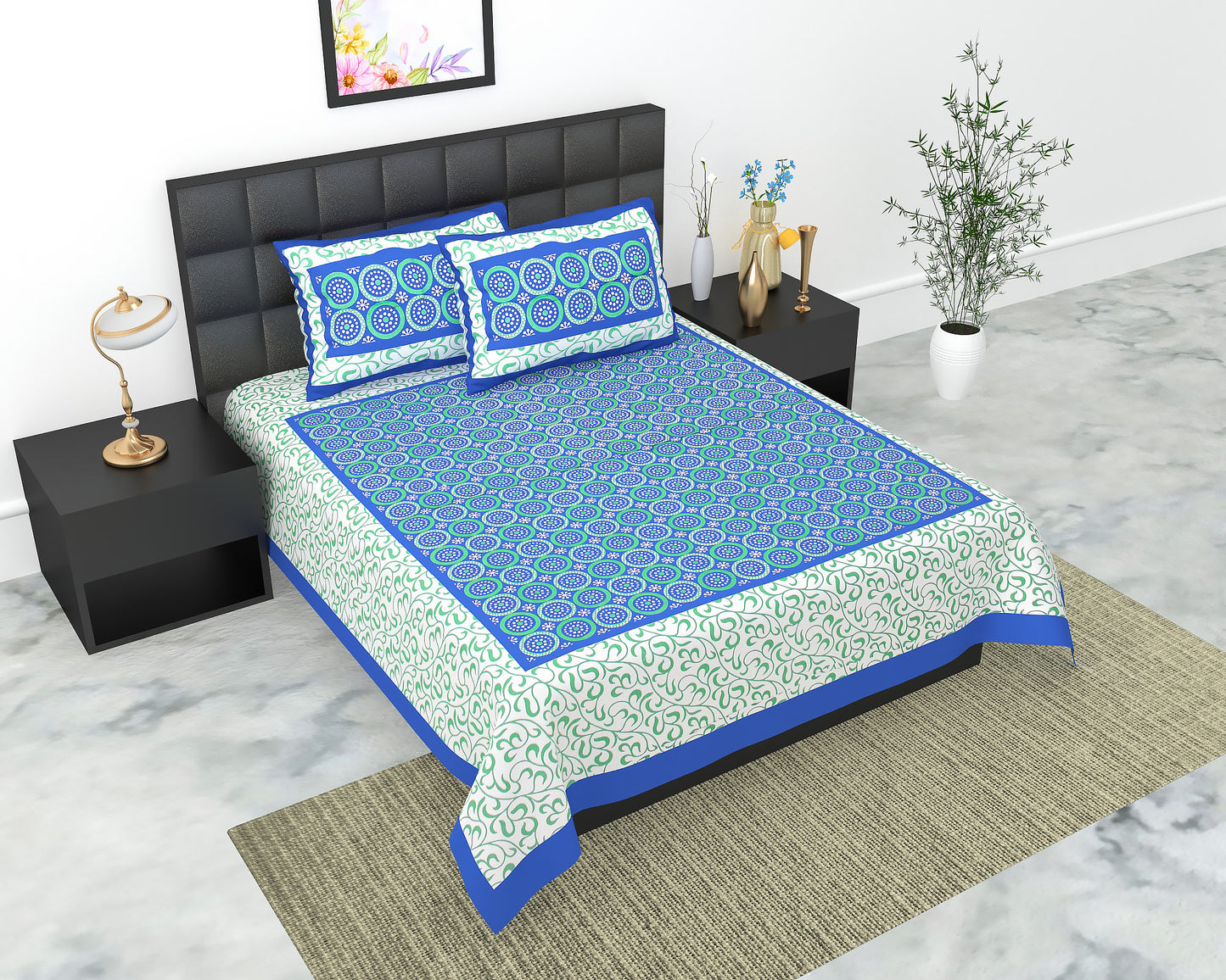 Cotton Double Jaipuri Prints Flat Bedsheet  With 2 Pillow Cover