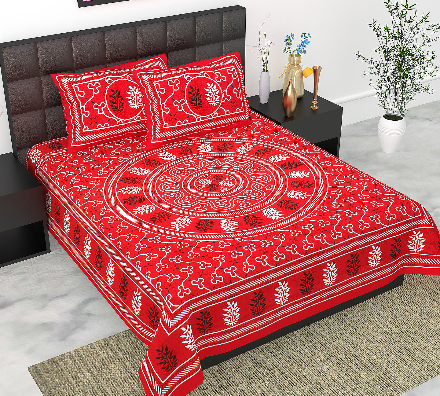 Cotton Double Jaipuri Prints Flat Bedsheet  With 2 Pillow Cover