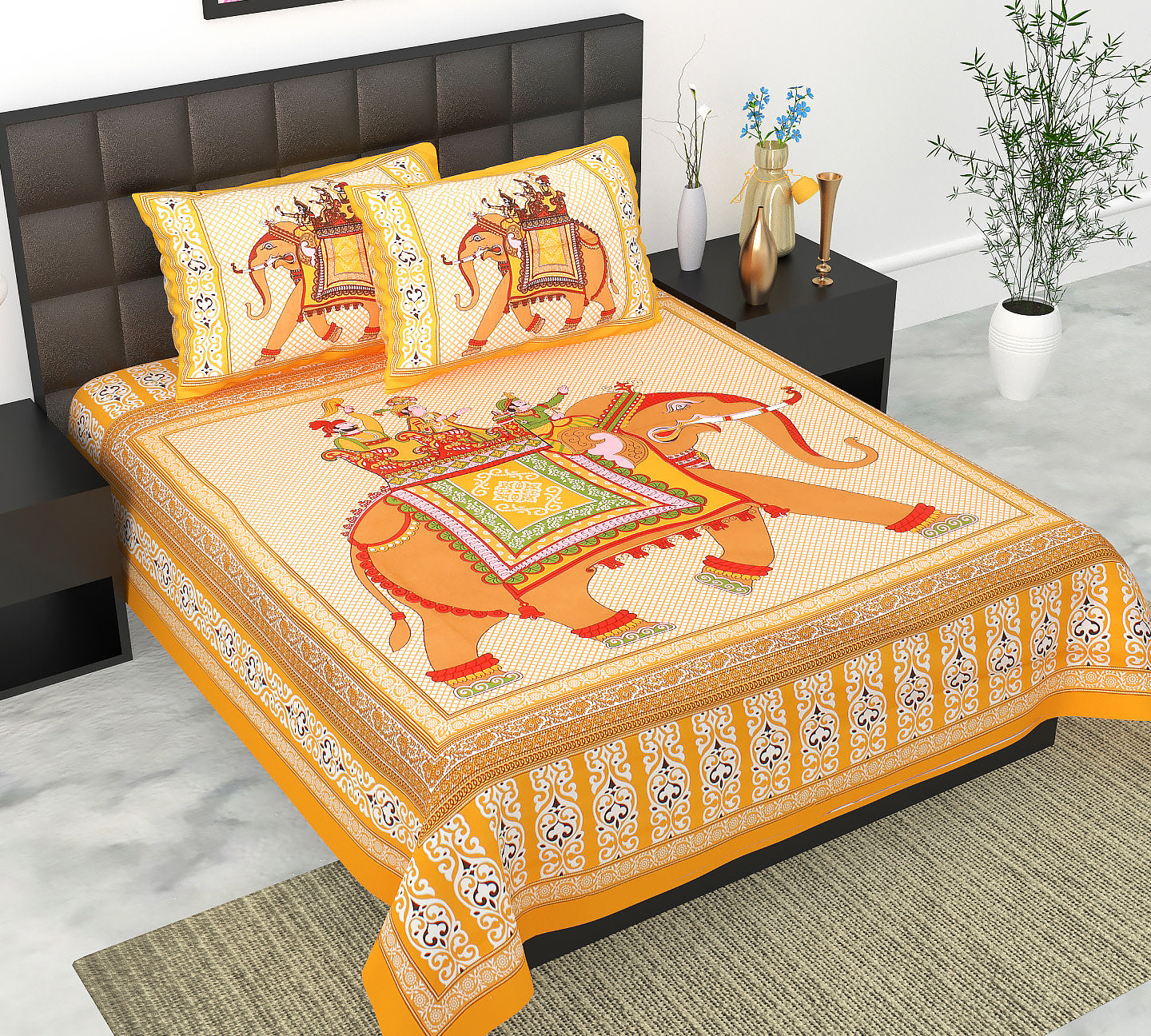 Cotton Double Jaipuri Prints Flat Bedsheet  With 2 Pillow Cover