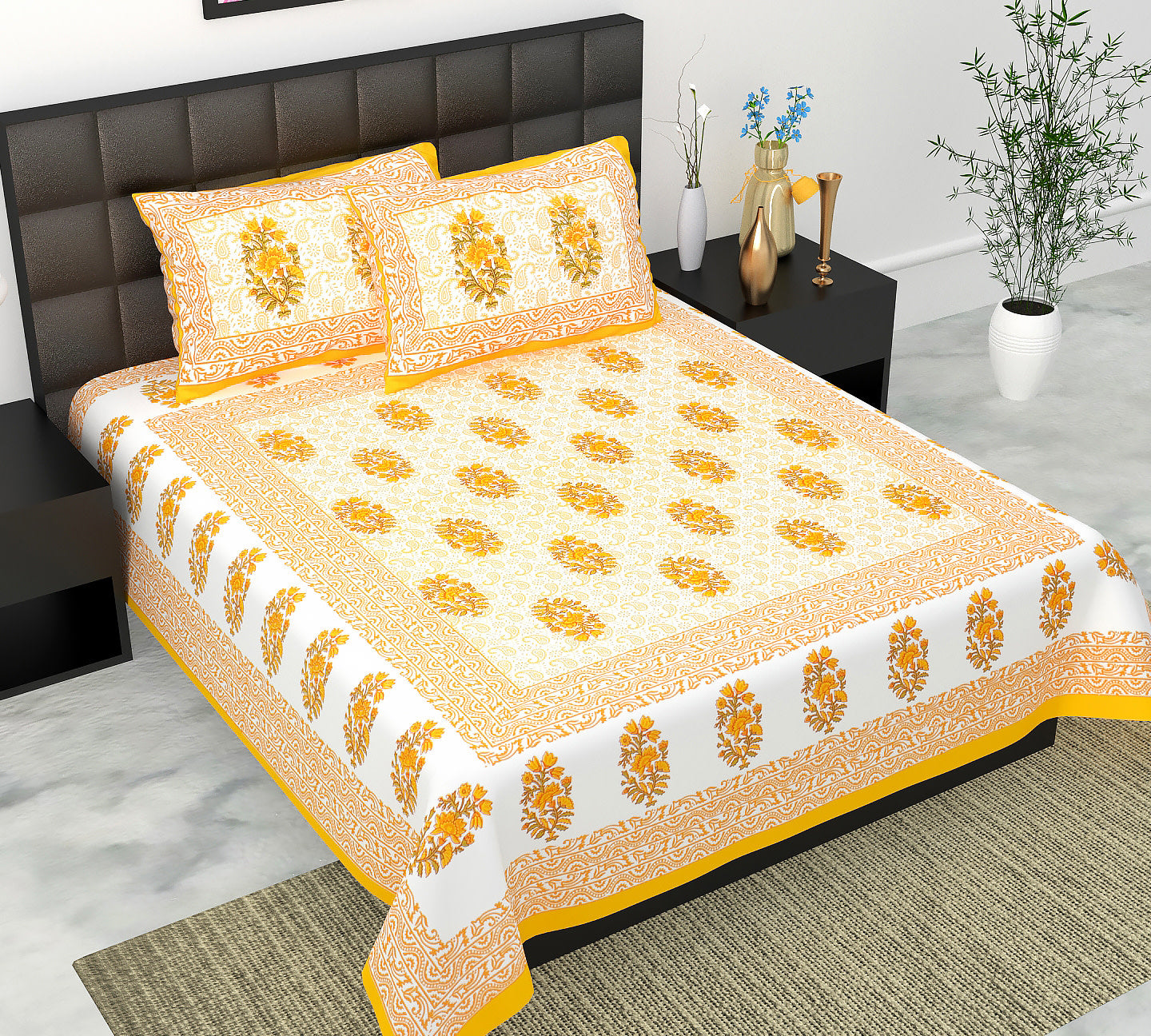 Cotton Double Jaipuri Prints Flat Bedsheet  With 2 Pillow Cover