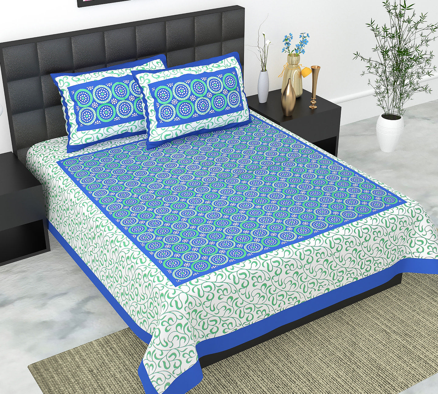 Cotton Double Jaipuri Prints Flat Bedsheet  With 2 Pillow Cover