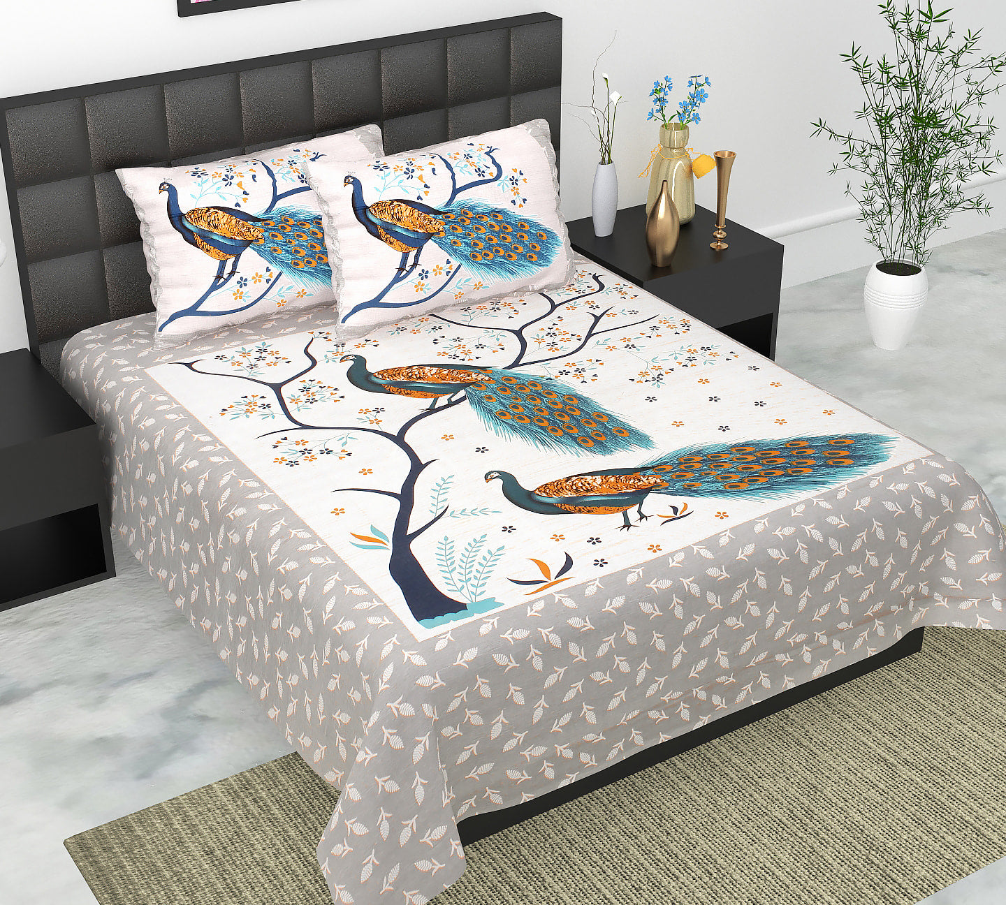 Cotton Double Jaipuri Prints Flat Bedsheet  With 2 Pillow Cover
