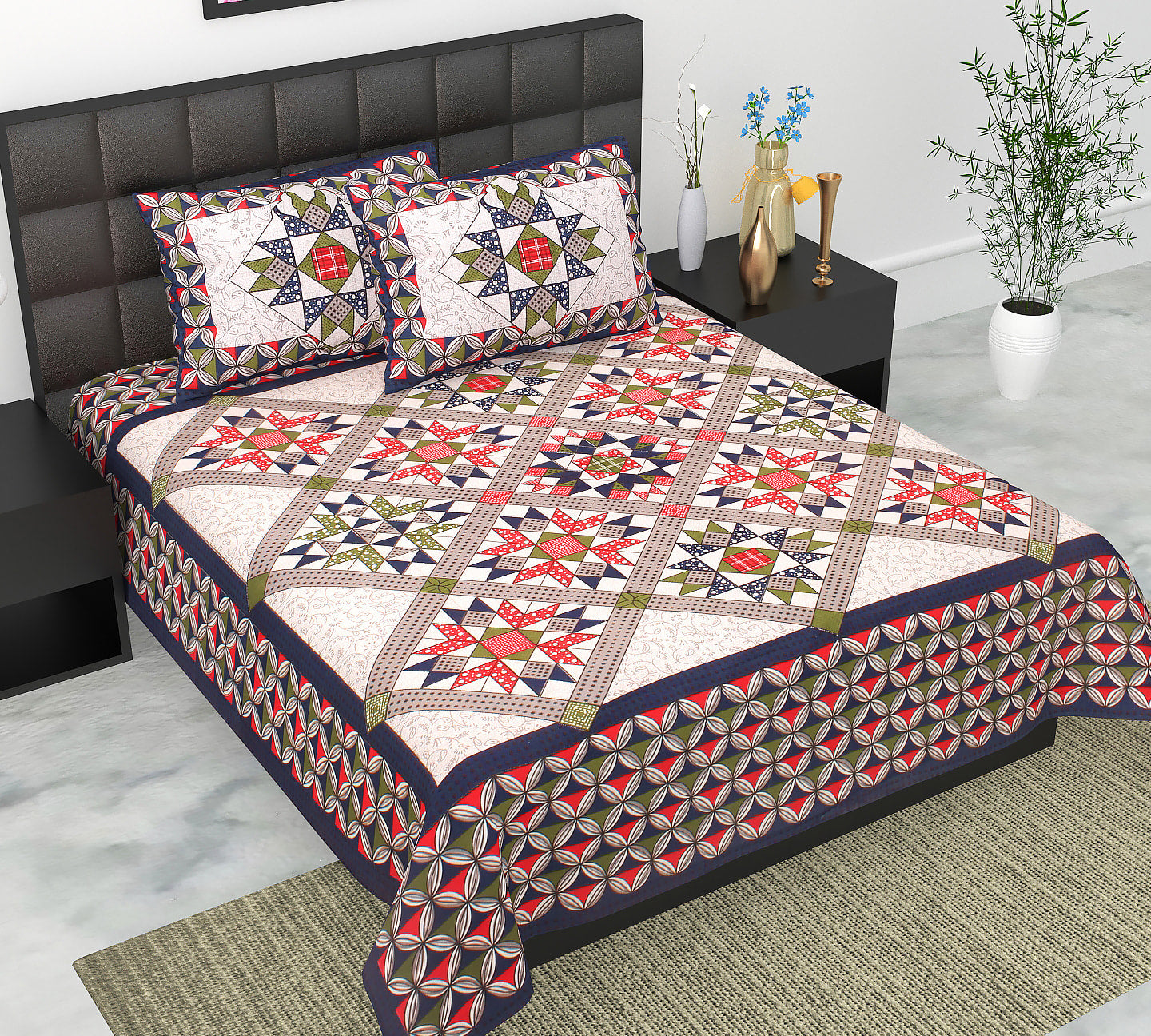 Cotton Double Jaipuri Prints Flat Bedsheet  With 2 Pillow Cover