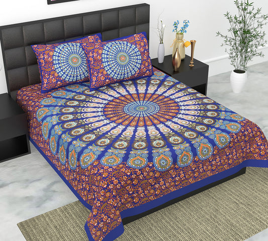 Cotton Double Jaipuri Prints Flat Bedsheet  With 2 Pillow Cover
