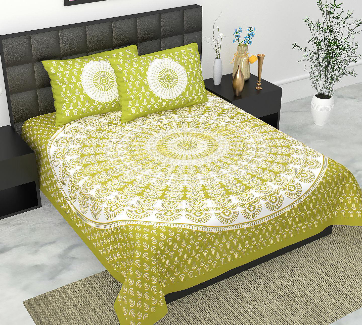 Cotton Double Jaipuri Prints Flat Bedsheet  With 2 Pillow Cover