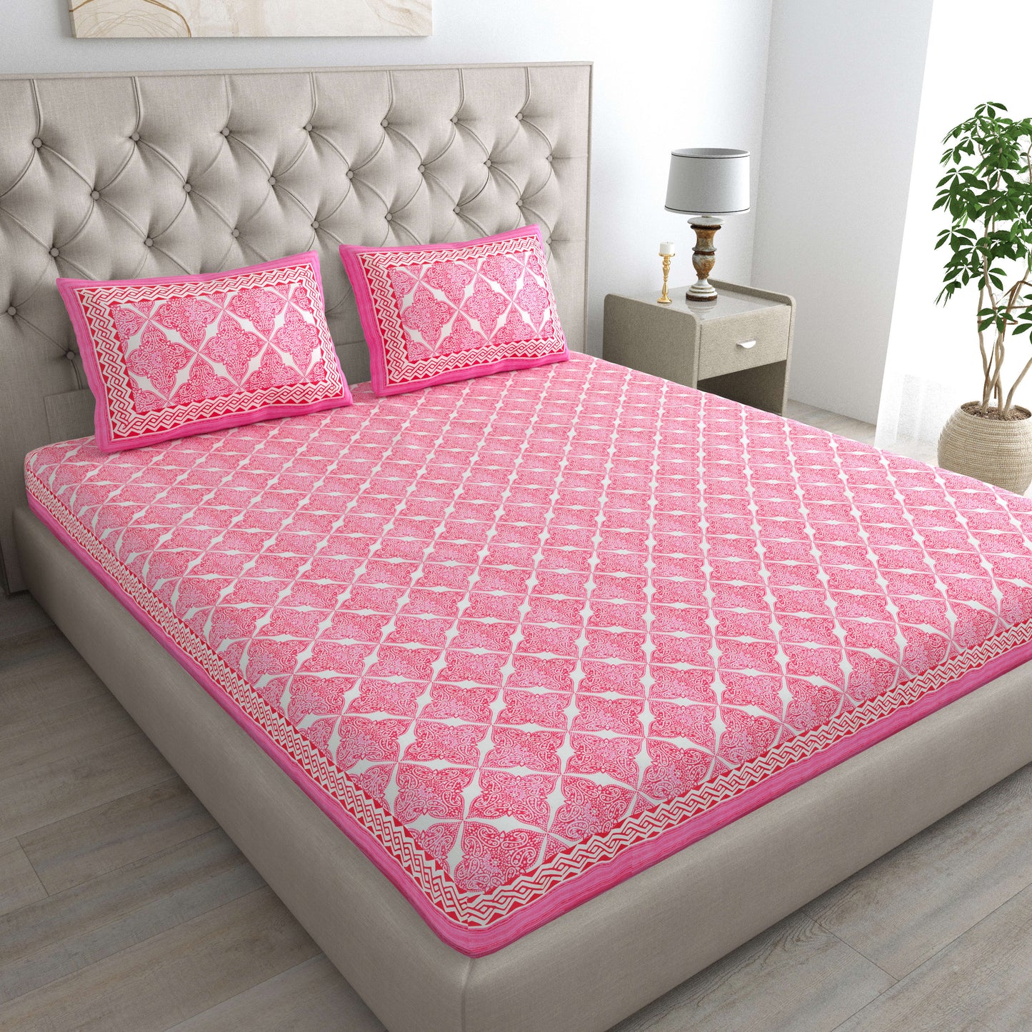 Cotton Double Jaipuri Prints Flat Bedsheet  With 2 Pillow Cover