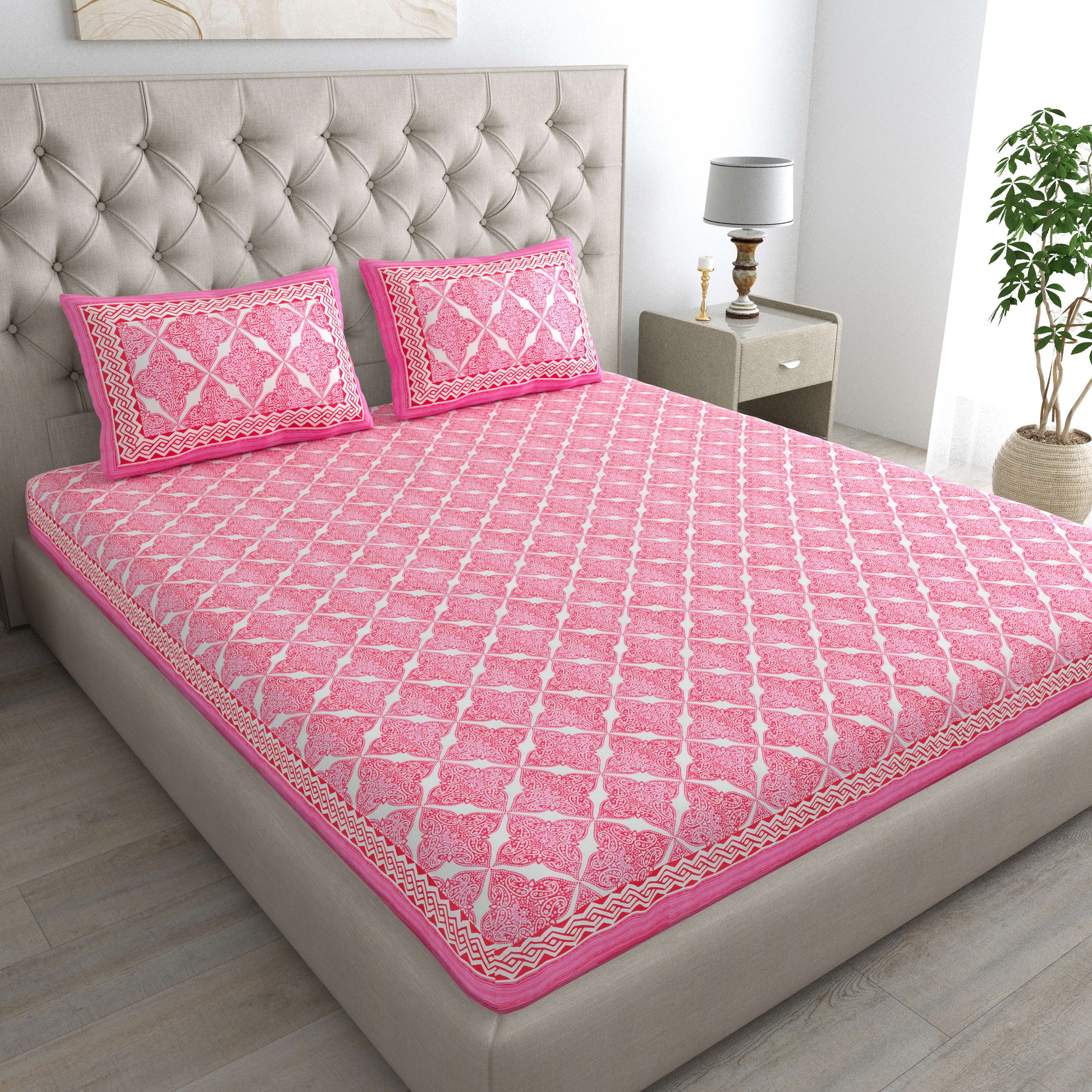 Cotton Double Jaipuri Prints Flat Bedsheet  With 2 Pillow Cover