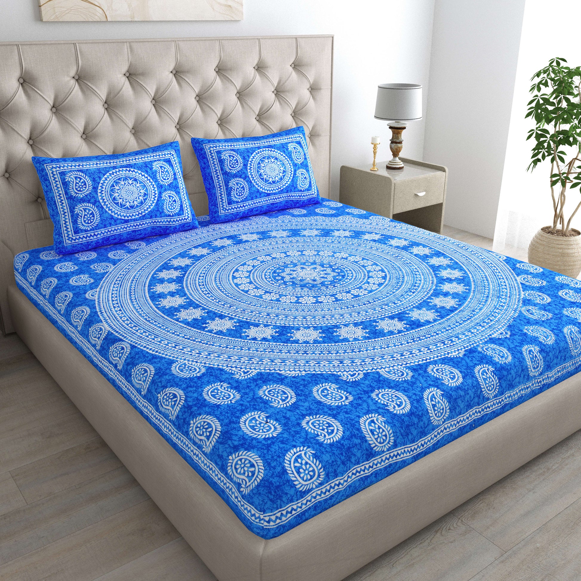 Cotton Double Jaipuri Prints Flat Bedsheet  With 2 Pillow Cover