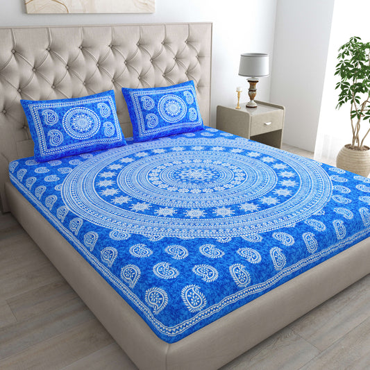 Cotton Double Jaipuri Prints Flat Bedsheet  With 2 Pillow Cover