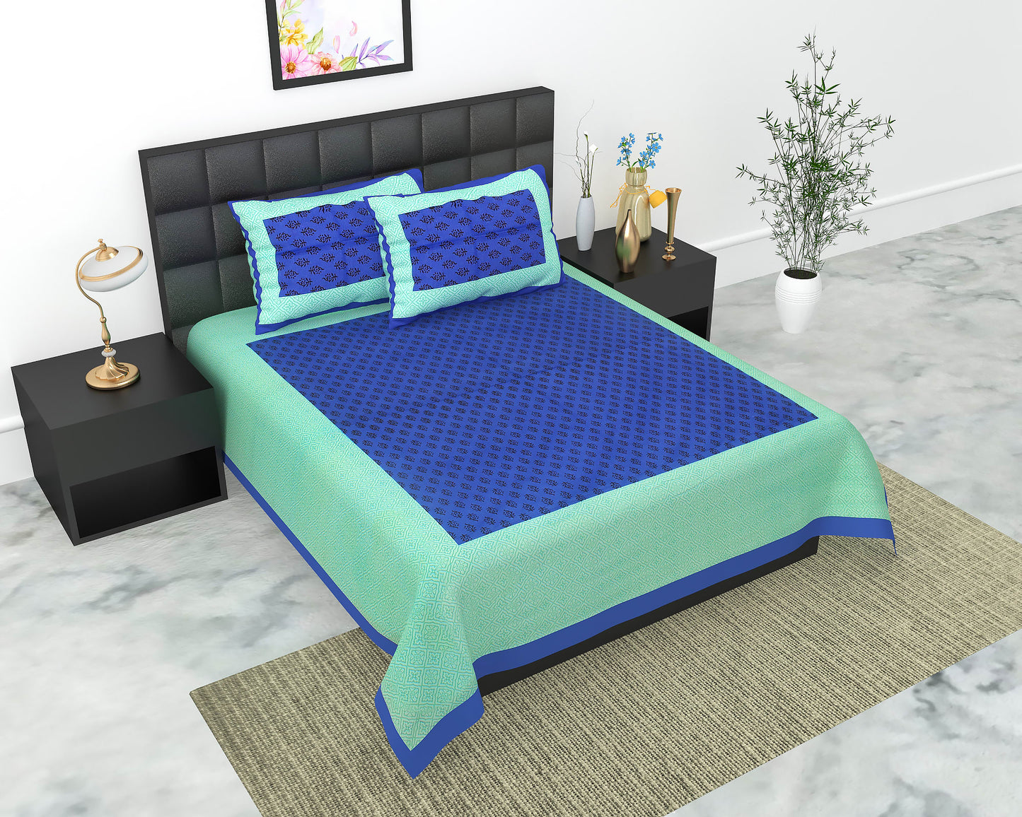 Cotton Double Jaipuri Prints Flat Bedsheet  With 2 Pillow Cover