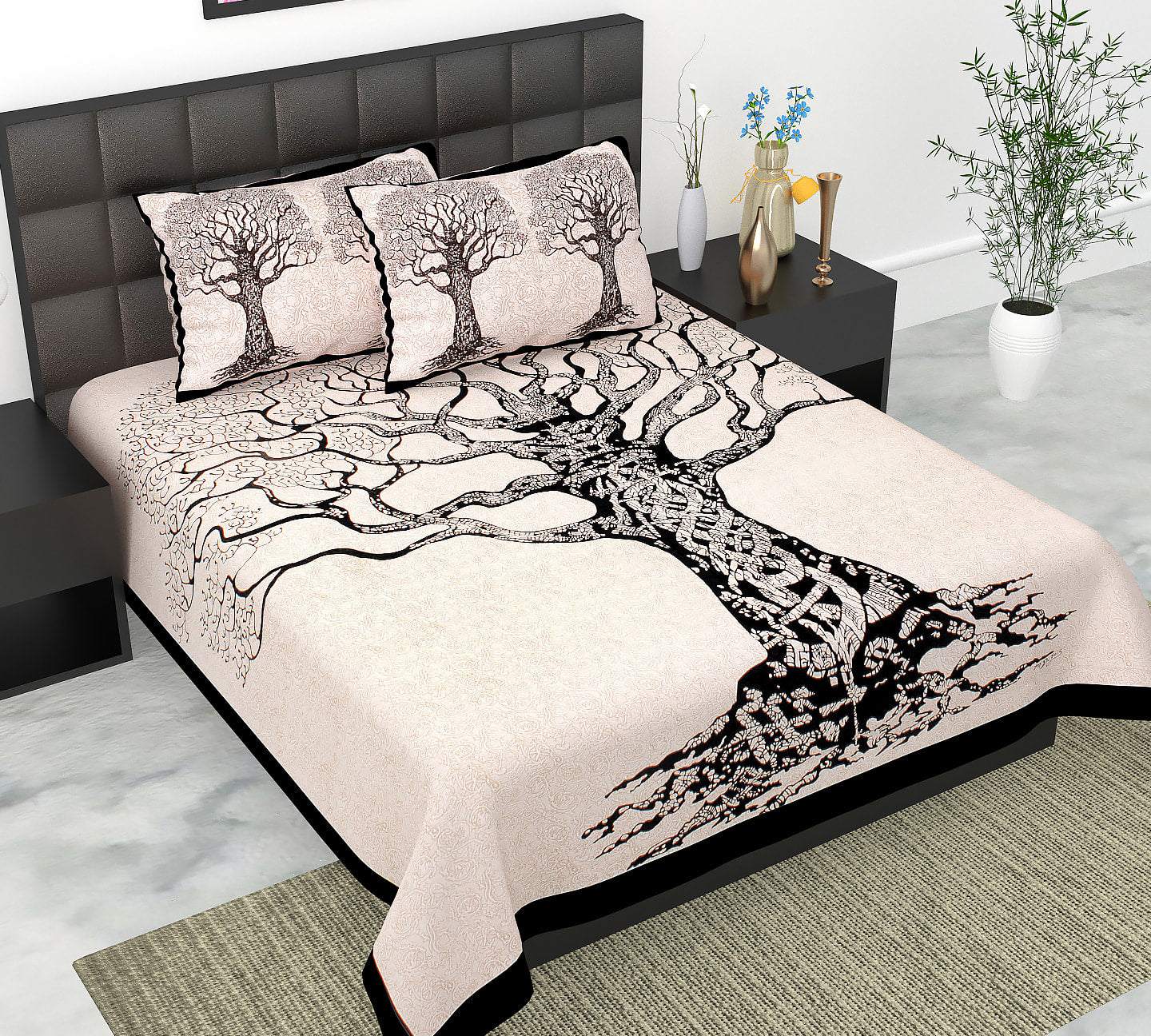 Cotton Double Jaipuri Prints Flat Bedsheet  With 2 Pillow Cover