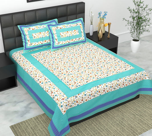 Cotton Double Jaipuri Prints Flat Bedsheet  With 2 Pillow Cover