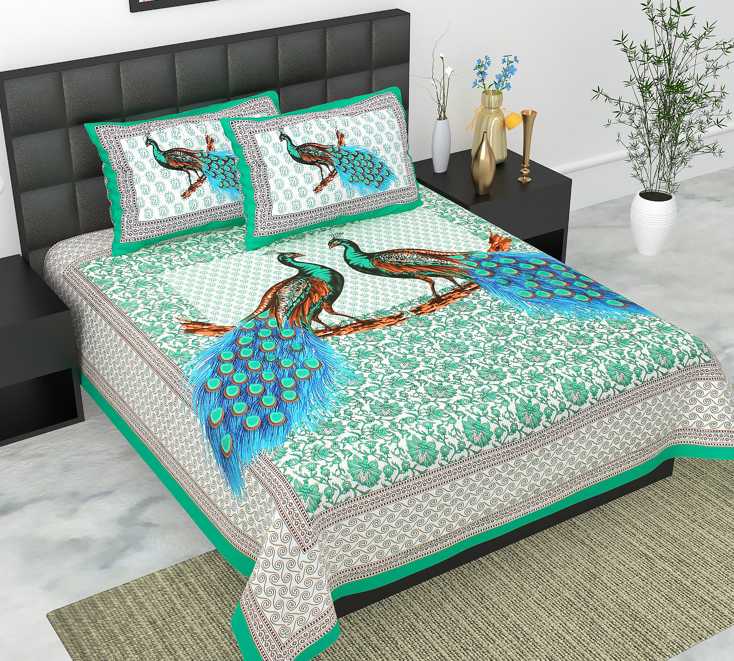 Cotton Double Jaipuri Prints Flat Bedsheet  With 2 Pillow Cover