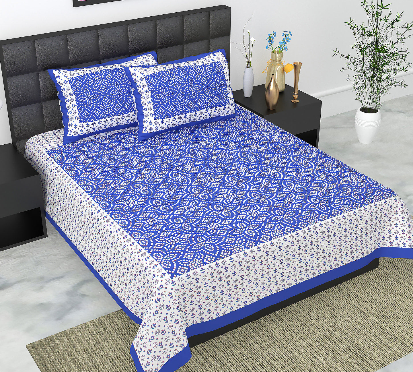 Cotton Double Jaipuri Prints Flat Bedsheet  With 2 Pillow Cover