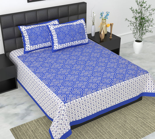 Cotton Double Jaipuri Prints Flat Bedsheet  With 2 Pillow Cover
