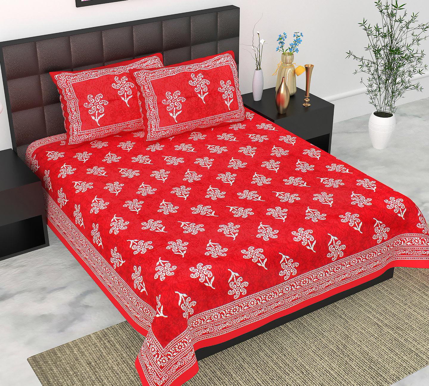 Cotton Double Jaipuri Prints Flat Bedsheet  With 2 Pillow Cover