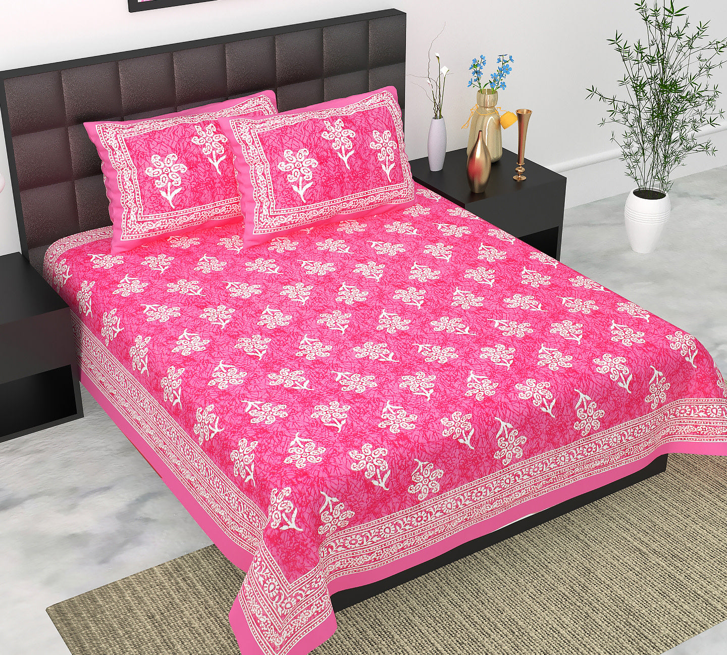 Cotton Double Jaipuri Prints Flat Bedsheet  With 2 Pillow Cover