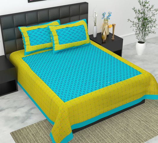 Cotton Double Jaipuri Prints Flat Bedsheet  With 2 Pillow Cover