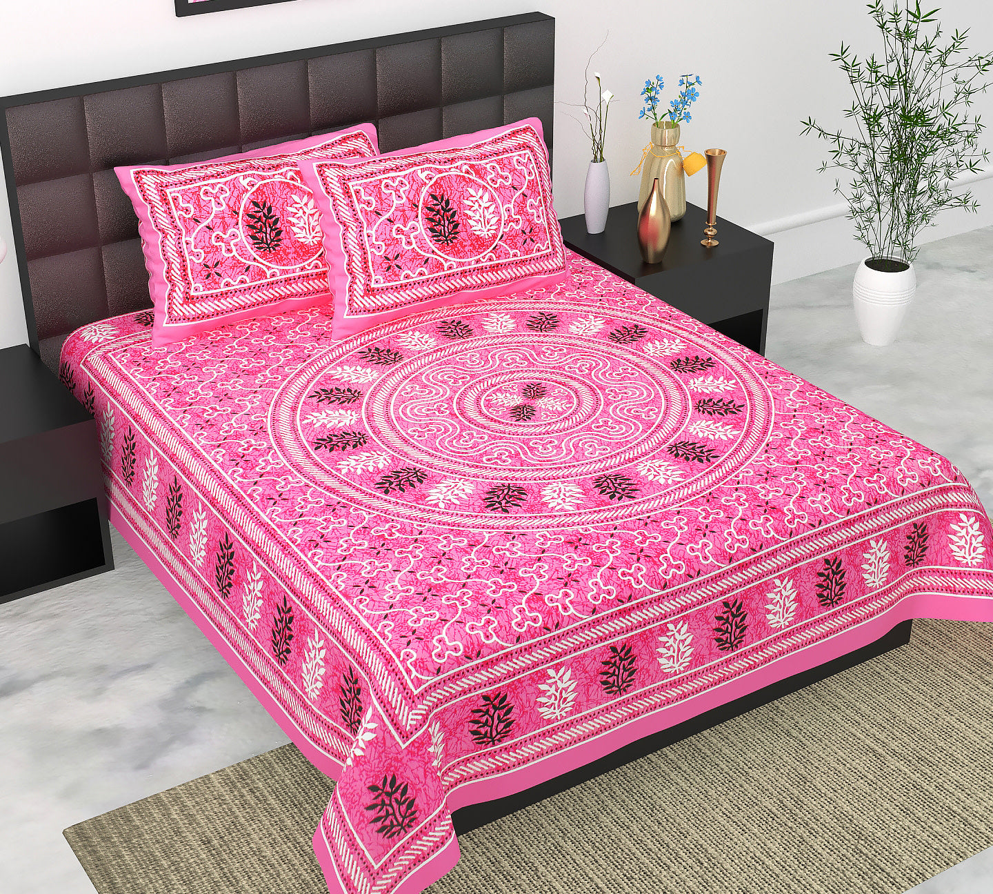 Cotton Double Jaipuri Prints Flat Bedsheet  With 2 Pillow Cover