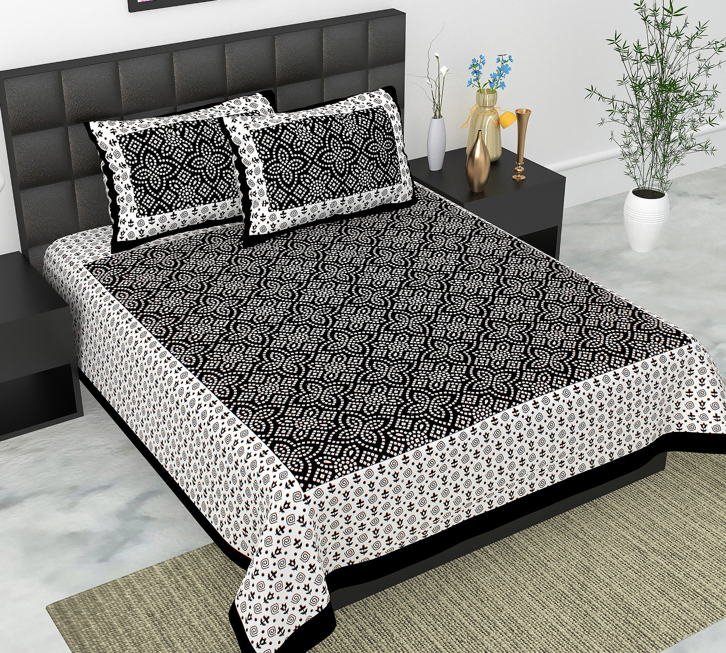 Cotton Double Jaipuri Prints Flat Bedsheet  With 2 Pillow Cover