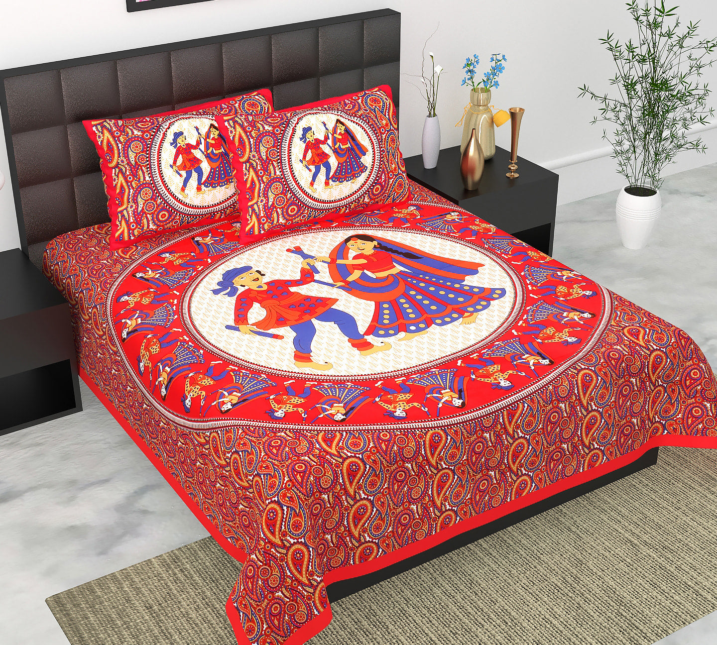 Cotton Double Jaipuri Prints Flat Bedsheet  With 2 Pillow Cover