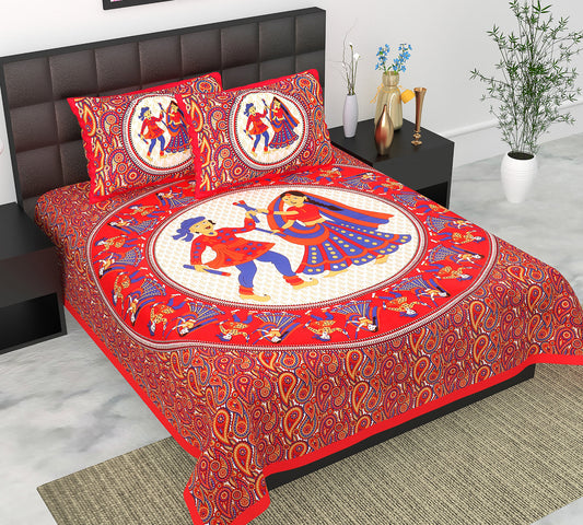 Cotton Double Jaipuri Prints Flat Bedsheet  With 2 Pillow Cover